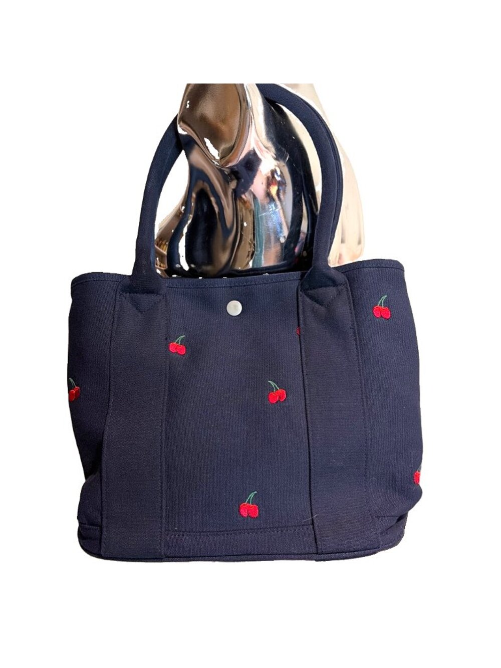 J Crew Cherry Embroidered Tote Bag Navy Blue Snap Close Lined Pockets Preppy NWT